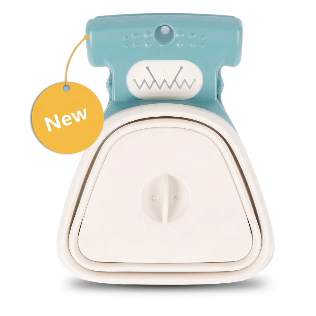 White and teal pooper scooper — clean product shot