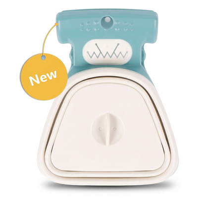 White and teal pooper scooper — clean product shot